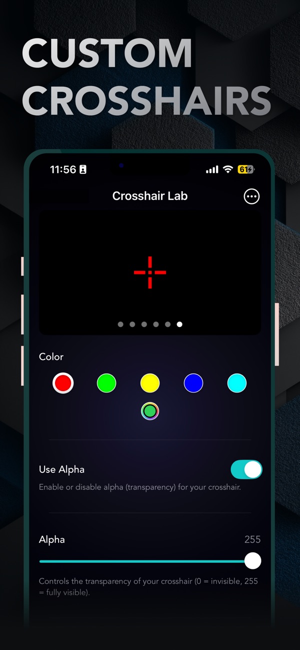 Crosshair Lab screen with a red crosshair preview and its color and transparency settings