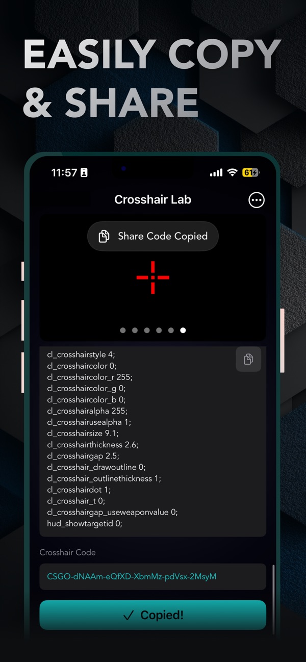 Crosshair Lab screen showing a copied crosshair share code and its console commands